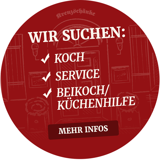 Stellenanzeige, runder Button, Wir suchen: Koch, Service, Beikoch/ Küchenhilfe
